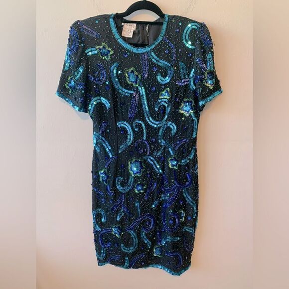 Sténay Vintage blue silk sequin/ beaded sheath dress size L - Picture 1 of 12